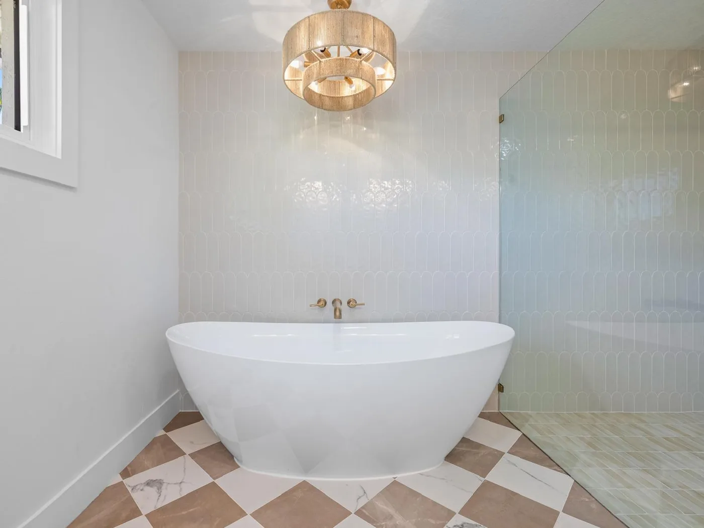Checkerboard floor and arched wall tile