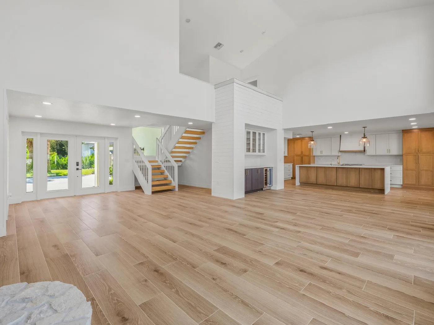 Wood-look porcelain in an open great room